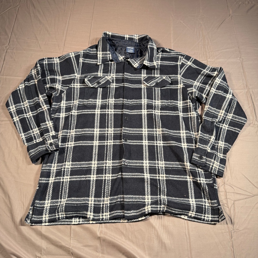 Highland Outfitters Mens XL Fleece Plaid Shirt Navy Blue White Long Sleeve